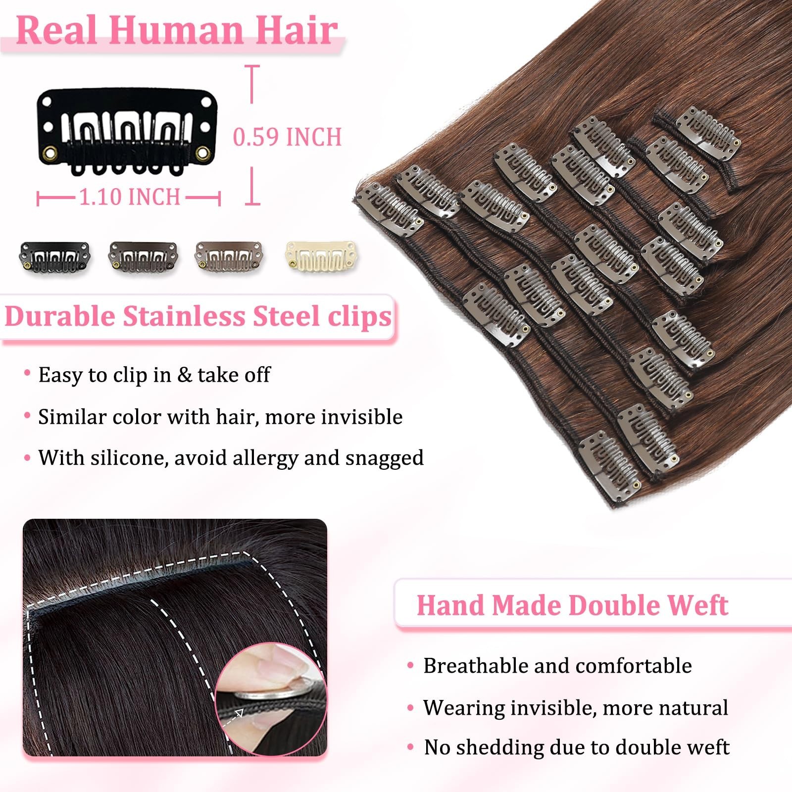 Seamless Clip-in Hair Extensions, Real Human Hair, 24″ Chocolate Brown, 120g, 8P