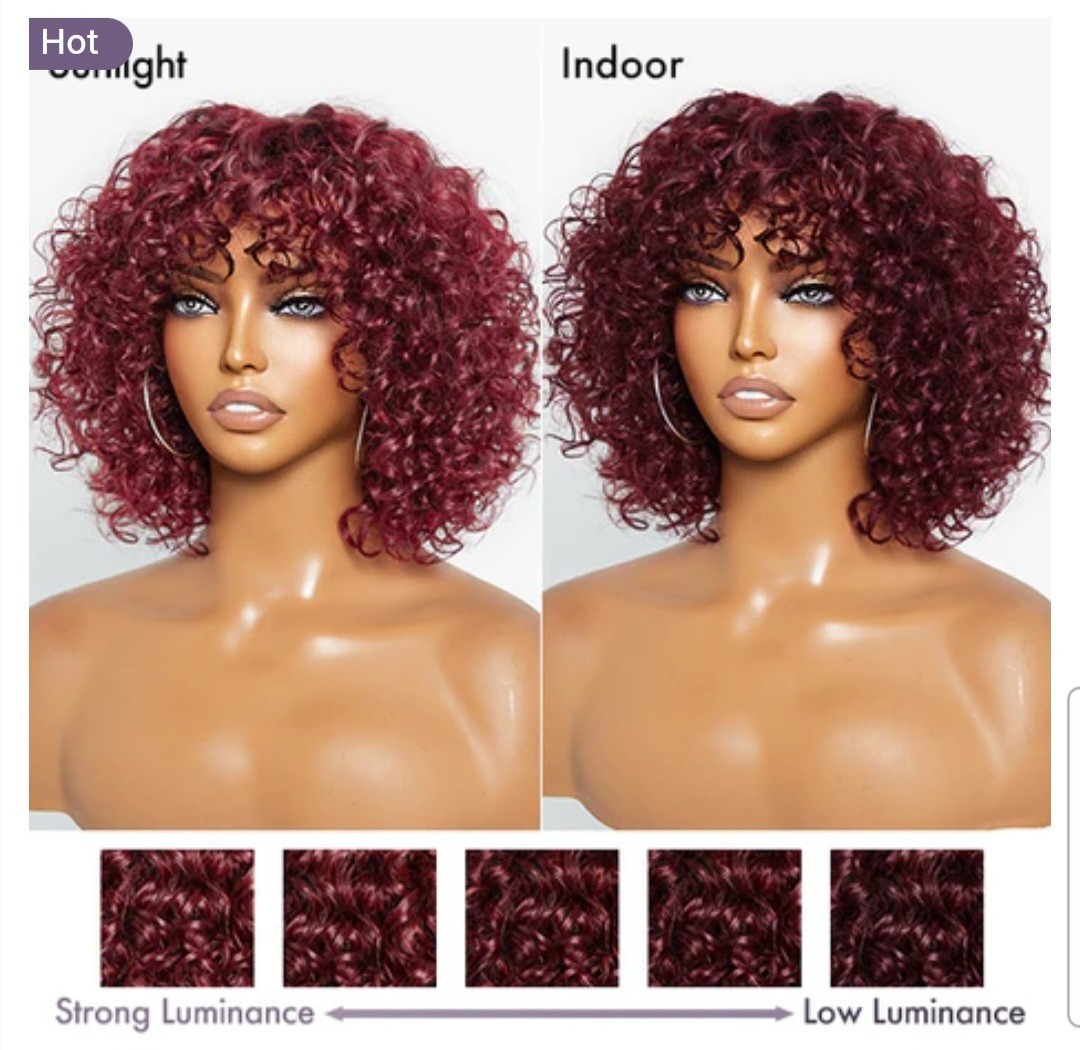 100% Human Hair, Dark Red, Water Wave, Glueless Lace Wig w/ Bangs. Color 99J