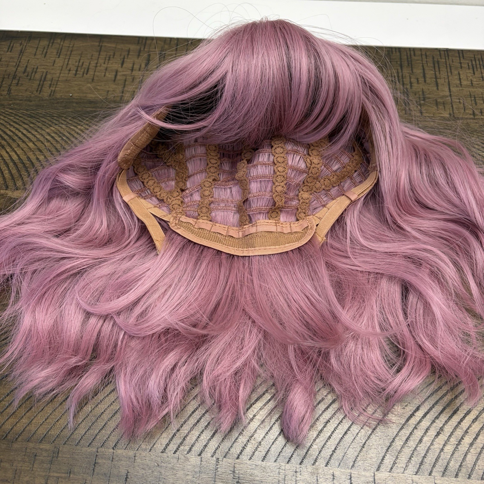 Women Full Cap Wig Wavy Purple Lavender Shoulder Length with Bangs