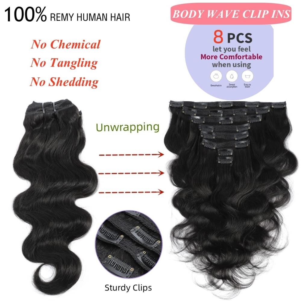 LUMIERE Body Wave 20 Clip In Hair Extensions 8pcs 120g Glueless Curly 26″ 120g