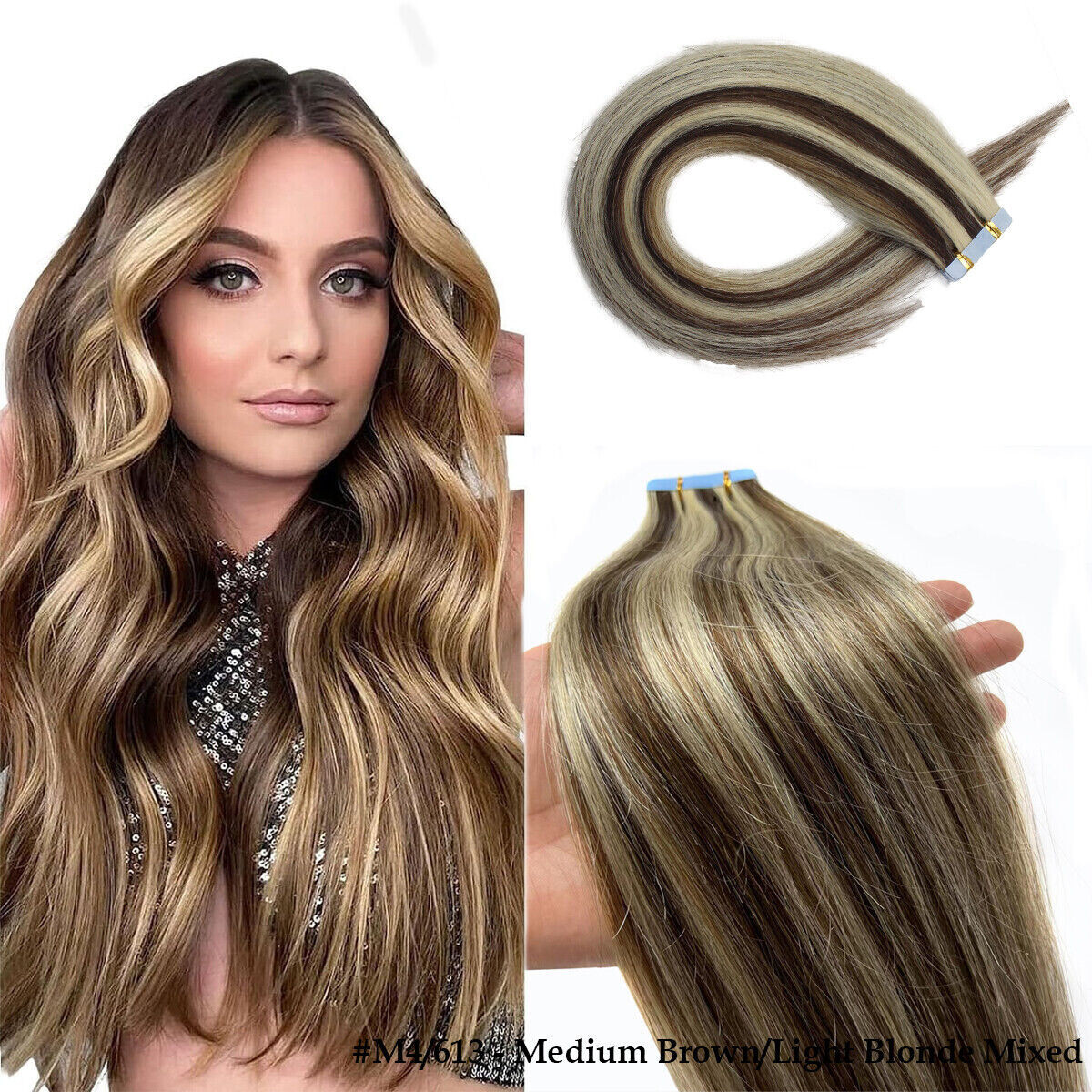 100%Human Hair Extensions Tape-in Skin Weft Remy Hair Full Head Highlight Blonde