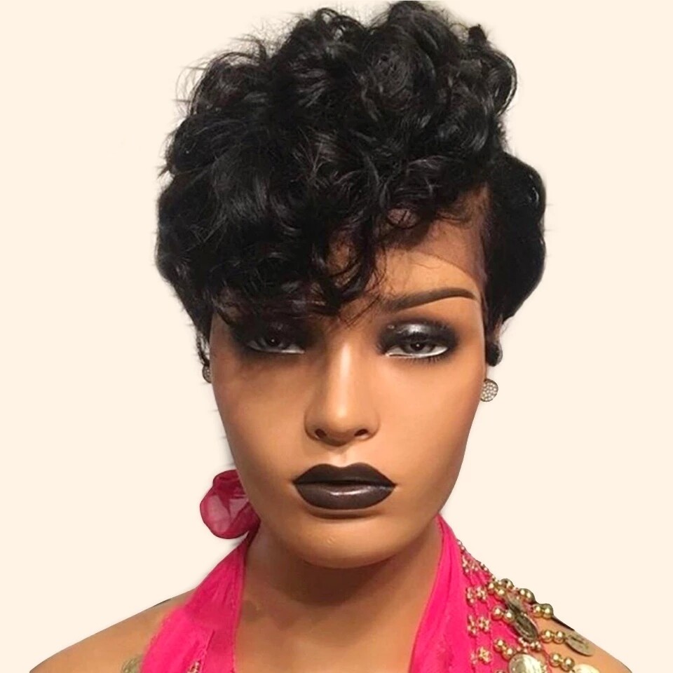 13*1 Bouncy Curly Pixie Cut Lace Front Black Brazilian Human Hair Wigs For Women