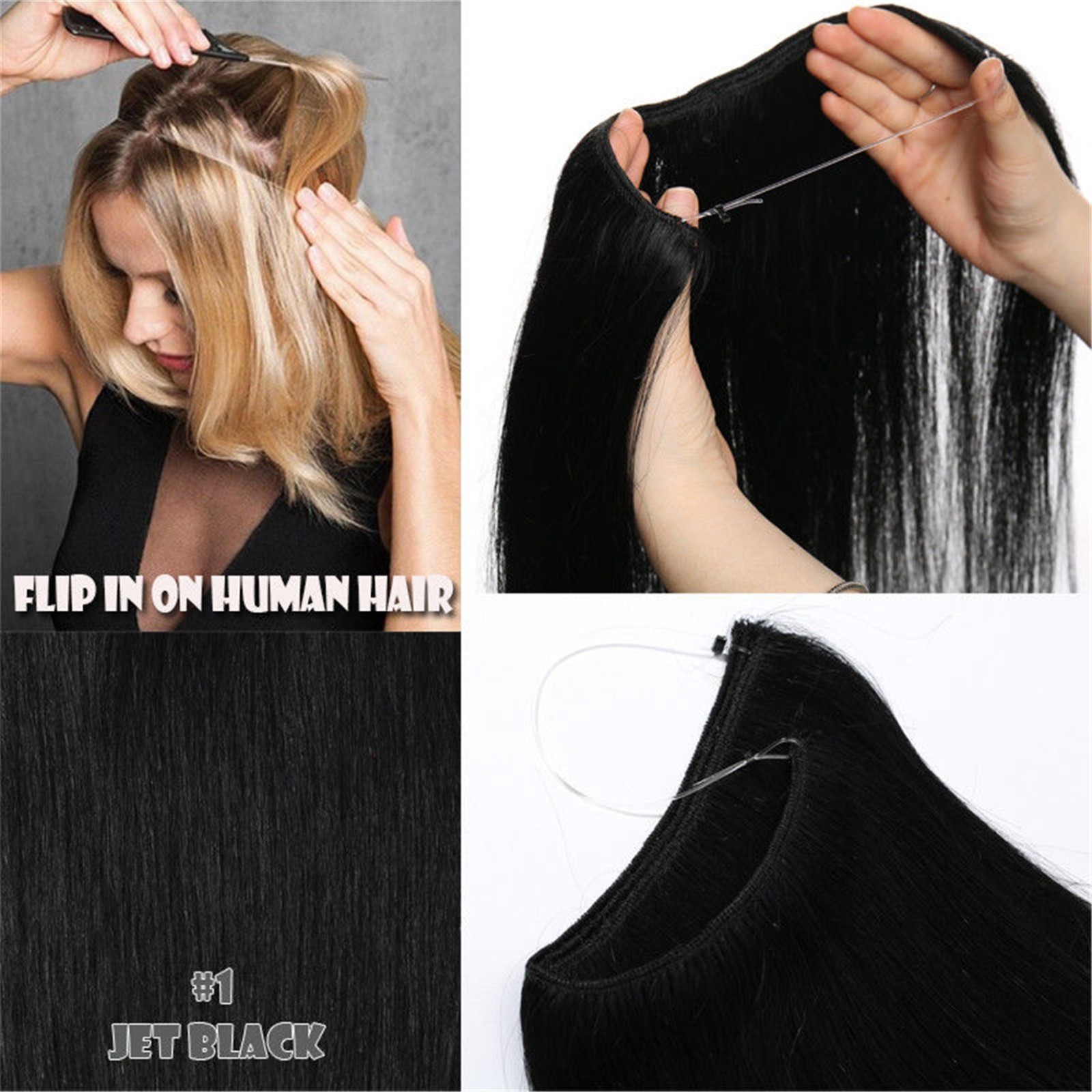 150gr Jet Black Invisible Wire Weft Flip In Real Human Hair Extensions Full Head
