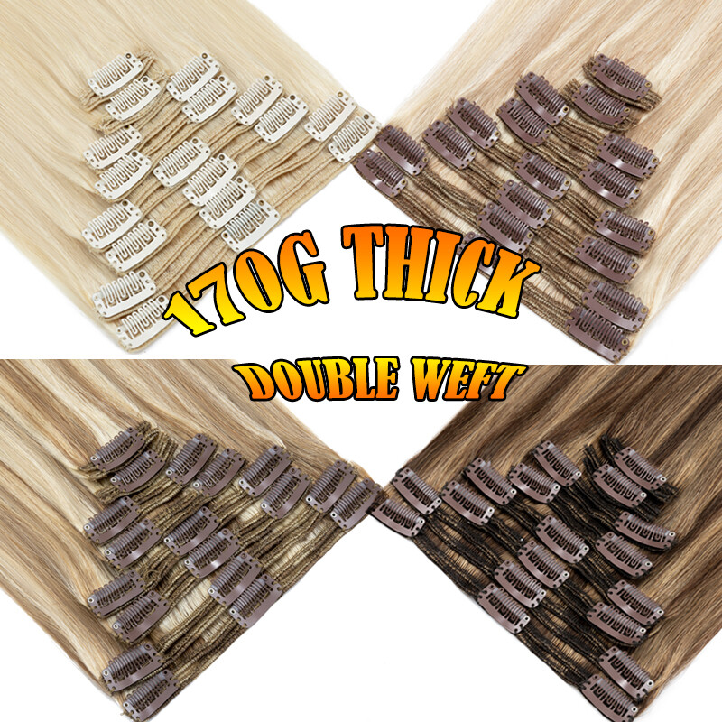 120G THICK Double Weft Clip In 100% Remy Human Hair Extensions Full Head Clip On