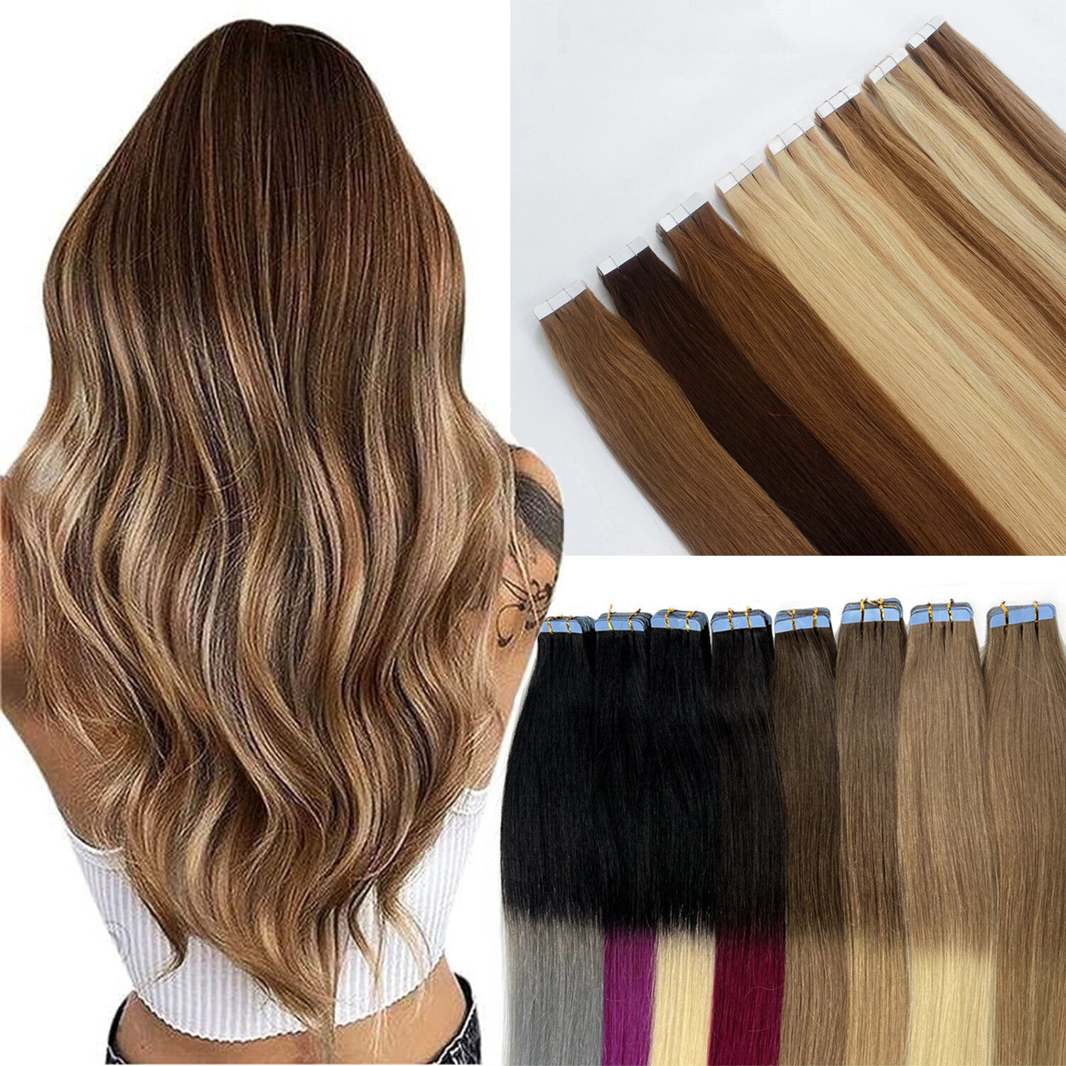 Tape in Human Hair Extensions Invisible Skin Wefts 100%Russian Remy Hair Fashion