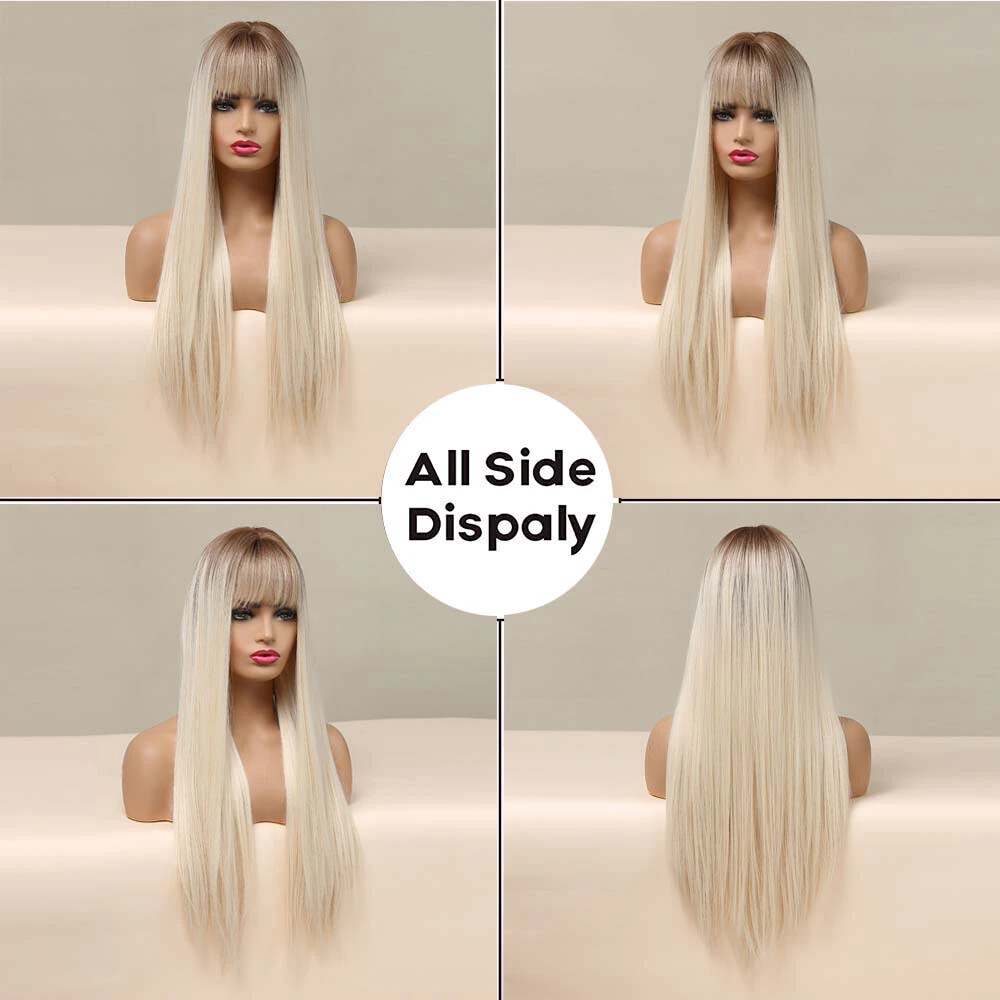 Natural ombre women roots long straight blonde non lace bangs hair synthetic wig
