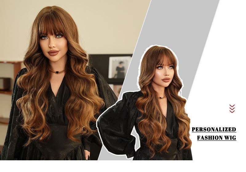 Golden highlighted long curly hair with big waves and bangs wigs