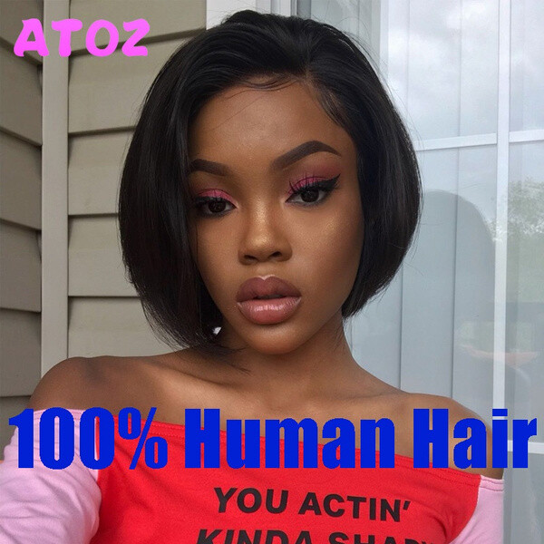 100% Human Hair Bob Wigs Side Part Lace Front Natural Black for Black Women 13×4
