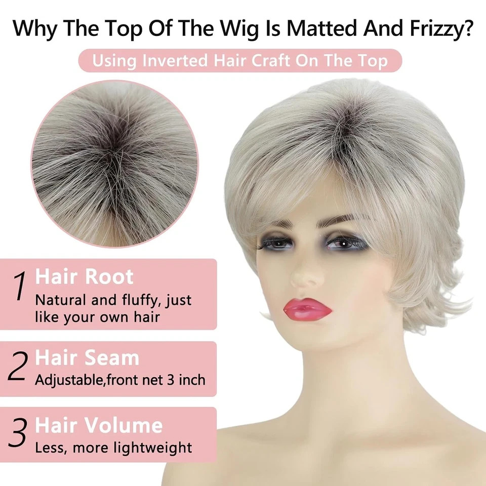Short Pixie Cut Ombre Silver Grey Curly Wigs for White Women Fluffy Layered