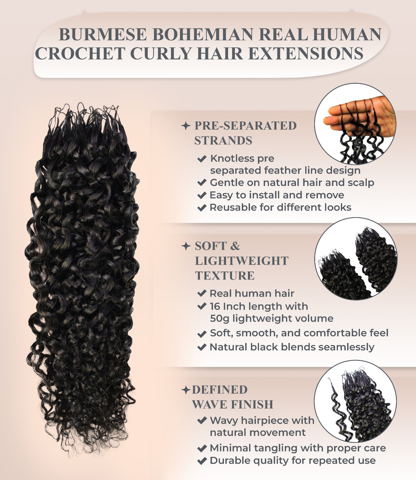 Human Hair Crochet for Black Women Burmese Bohemian Curly Hair Extension 50g 18″