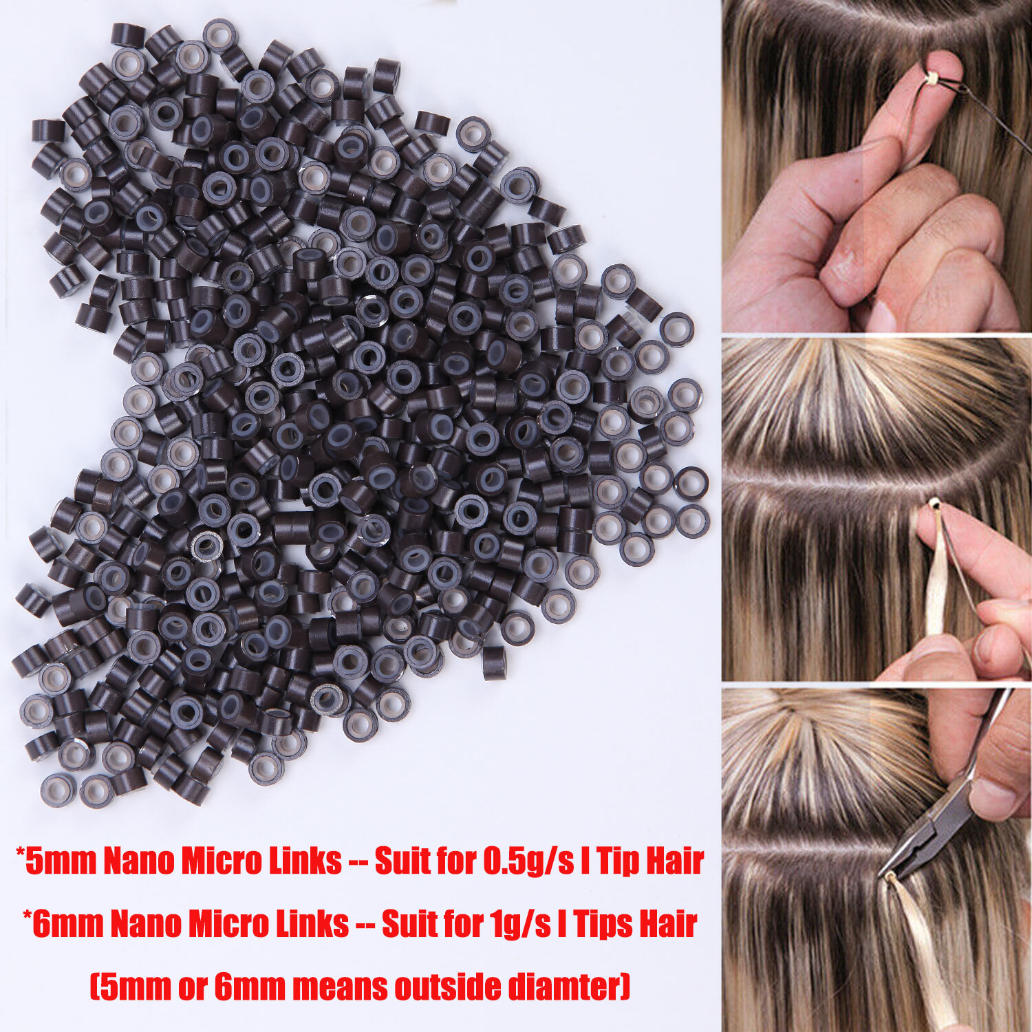 1000PCS Silicone Lined Micro Ring Loop Beads for I Tip Human Hair Extensions USA