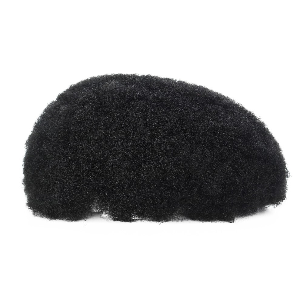 Mens Human Hair Replacement System Afro Curl Poly Skin Toupee Black Hair Pieces