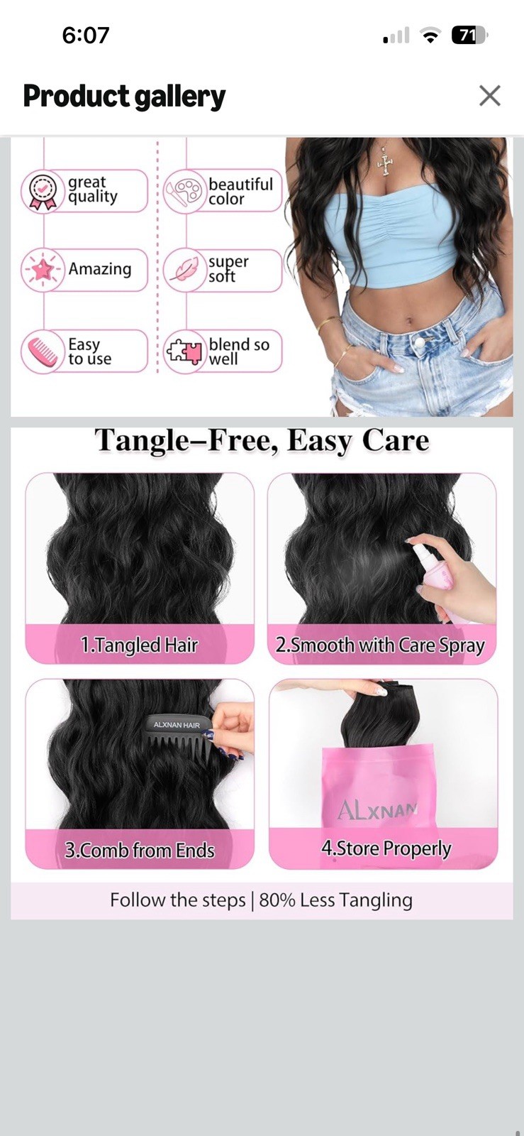 ALXNAN Clip in Long Wavy Synthetic Hair Extension 24 Inch Black Brown 4PCS Thick