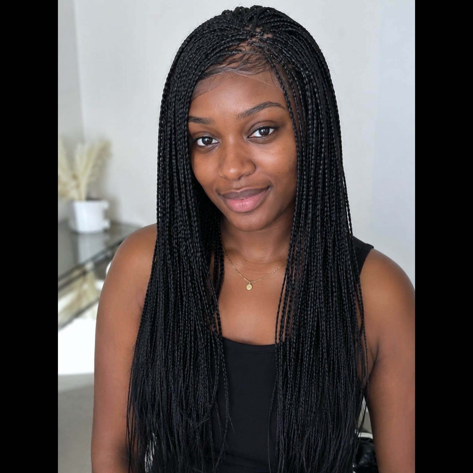 Braided Wig Full Lace Glueless 16″ Micro Boho Braids Jet Black #1 Short Handmade