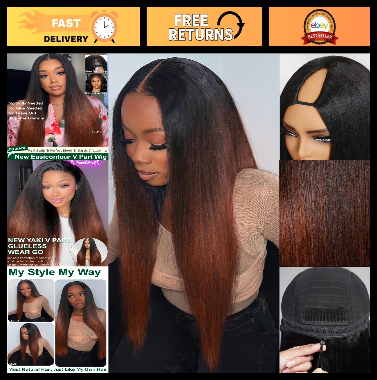 Yaki Straight V Part Wig Human Hair Ombre Reddish Brown, 20″ Clip-In Half Wig, N