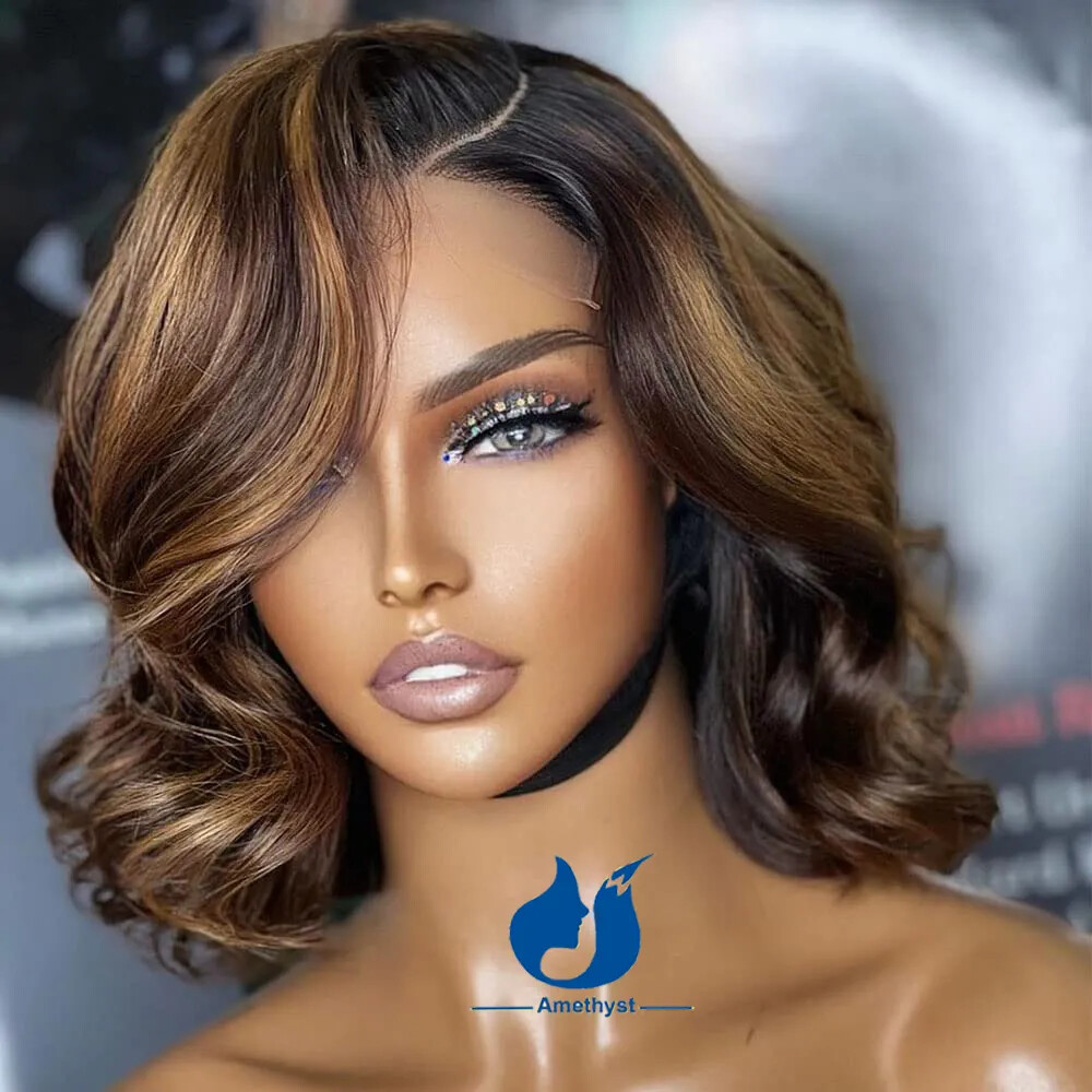 Short Wavy Ombre Blonde 13X6 Lace Front Human Hair Wigs Deep Part Highlight