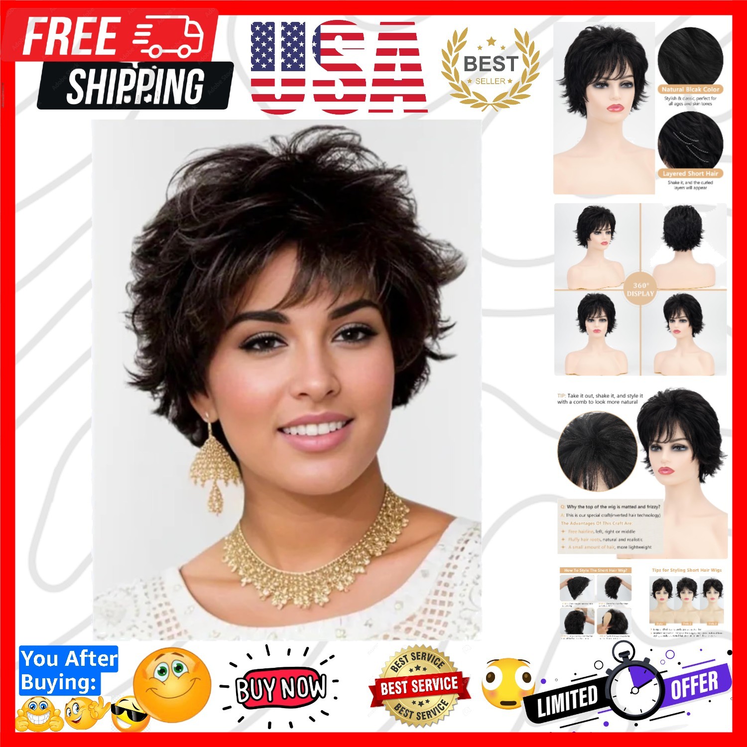 Black Short Curly Wigs for white Women Shaggy Layered Black Pixie Cut Wig wit…