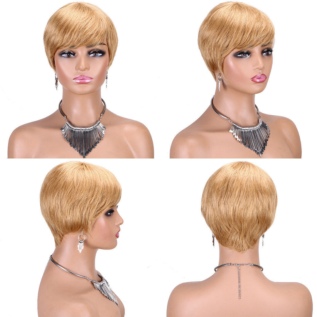 Short Pixie Cut Wigs Full Machine Made Remy Human Hair Wig With Bangs For Women