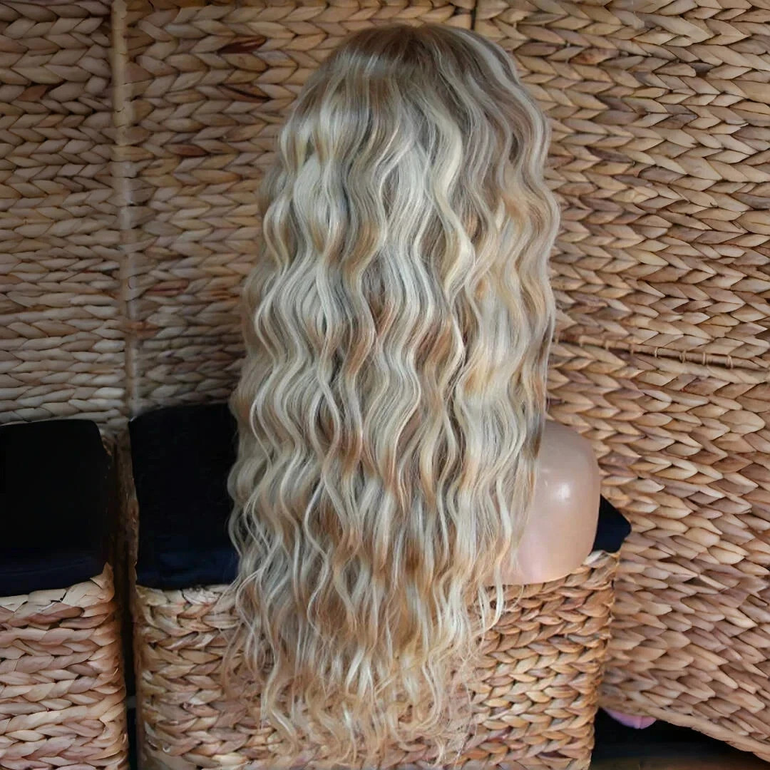 22″ Platinum Blonde with Ash Brown Wavy Highlight Human Hair Lace Front Wigs