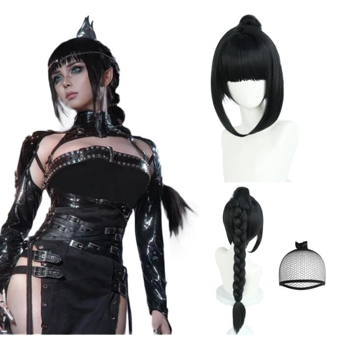 Cosplay Black Ponytail Wigs with Braids for Women Cosplay Wig Party Halloween