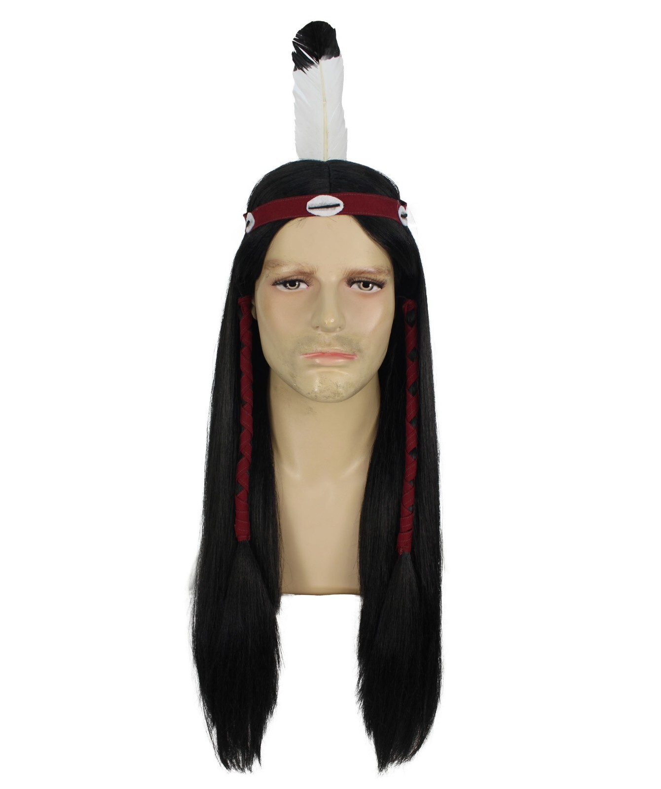 Adult Men’s Long Length Native American Wig, Black Color, Breathable Capless Cap