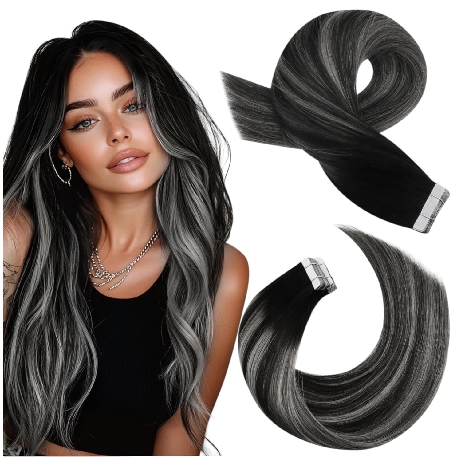 Real Hair Balayage Extensions – Black to Silver Tape in Hair