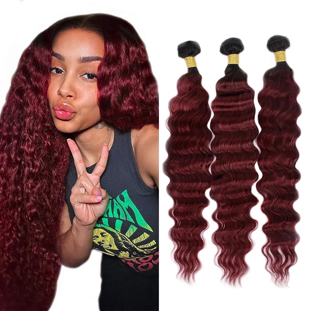 Biottihair Burgundy Human Hair Bundles 1B/99J Deep Wave Bundles 18 20 22 Inch