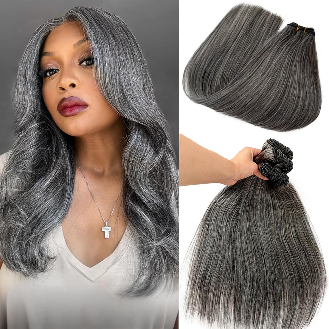 Smartinnov Salt And Pepper Gray Human Hair Sew In Hair Extensions For Women 22