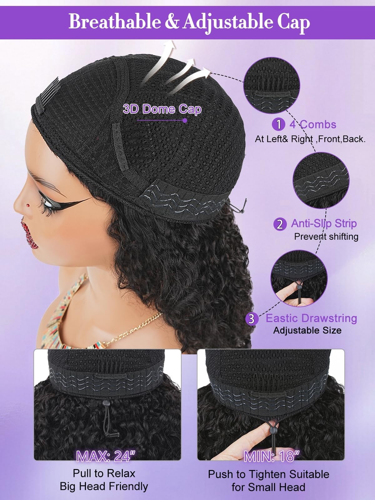 18″ Curly Half Wig Human Hair 180% Density Glueless Drawstring Headband Wig for