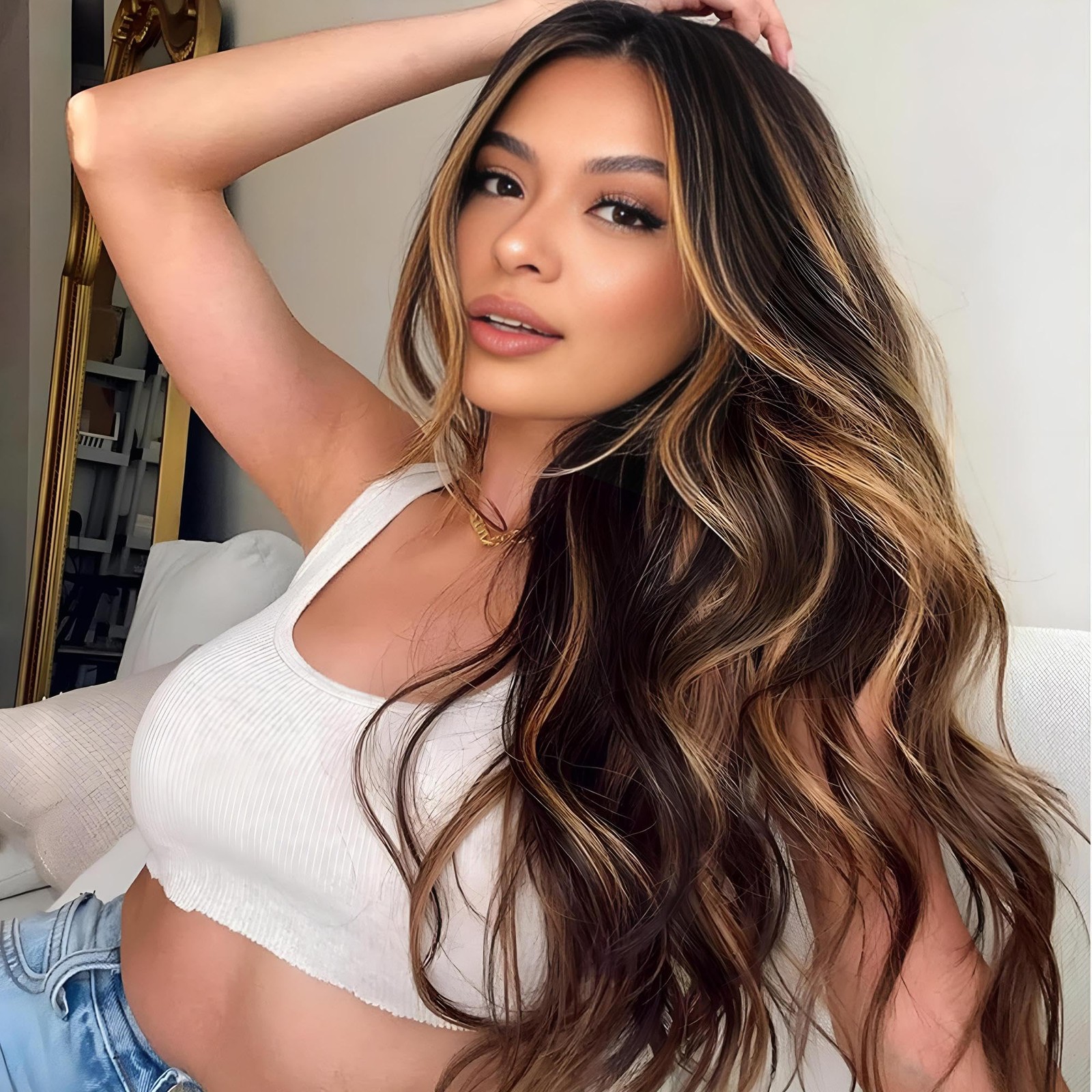 Long Wavy Blonde and Brown Wig for White Black Women, Synthetic Beach Loose B…