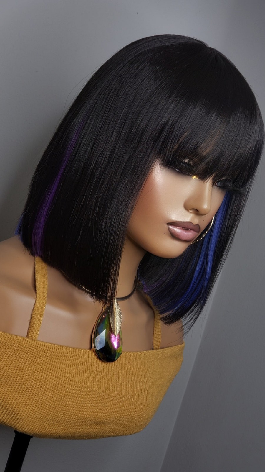 New Short Human Hair Blend Straight Bob Wrap Full Cap Wig Black Blue Purple Wig