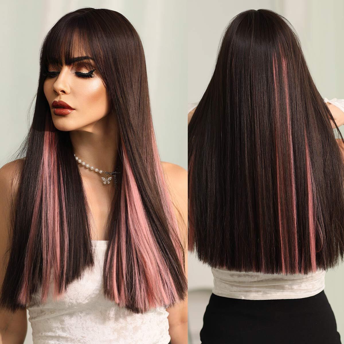 Luxurious Wigs Synthetic Wig with Bangs Natural Mixed Color Heat Resistant Wig