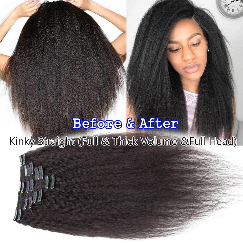 Yaki Straight Virgin Clip In Human Hair Extensions African Kinky Curly THICK 24″