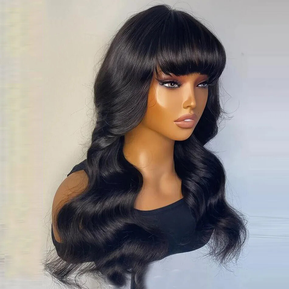 Natural Wavy Full Machine Made O Scalp Top Wig With Bangs Brazilian Human Hair