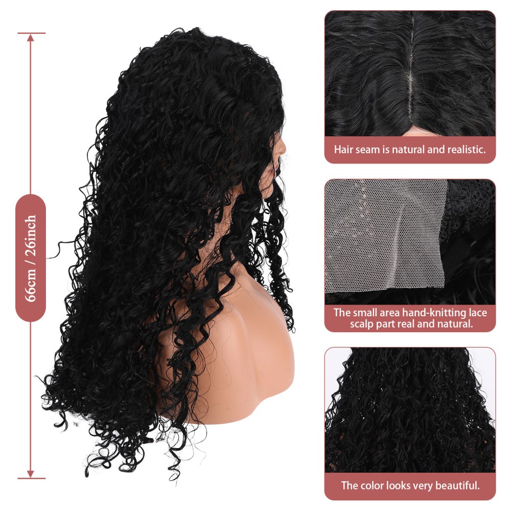 Women’s Curly Wigs Black Long 26 Inches Middle Part Lace Front Breathable Cap