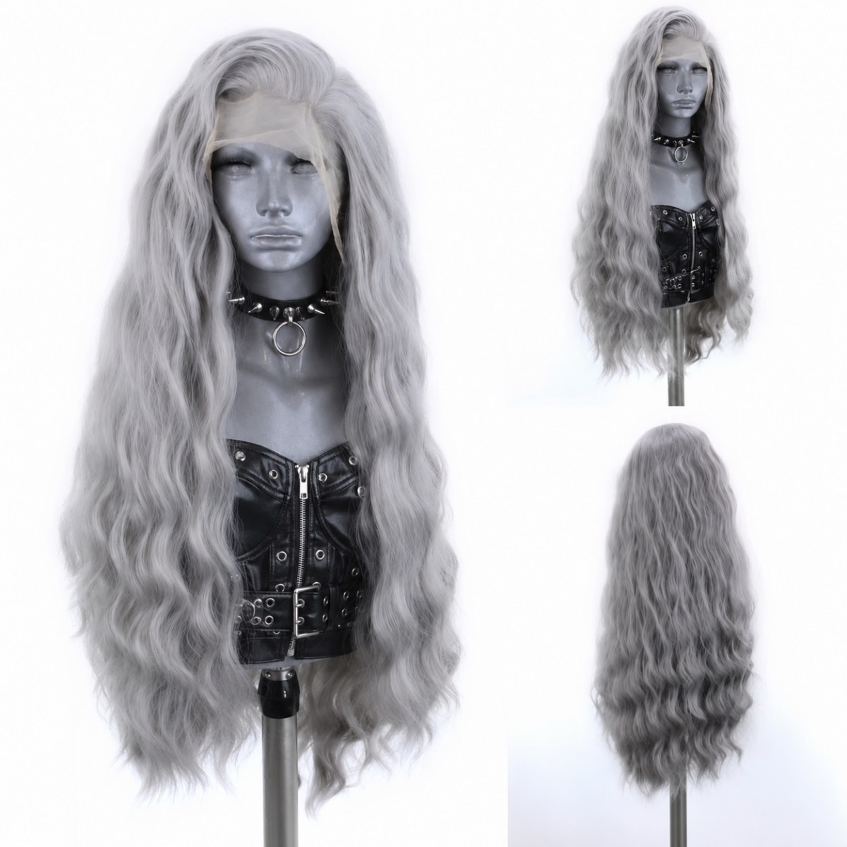 Long Wavy Synthetic Hair Silver gray Glue Less T Lace Front Wig Pre Plucked Soft
