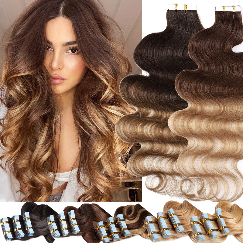 20-60pcs Wavy Tape In Human Hair Extensions Skin Weft Full Head Brown Real Thick