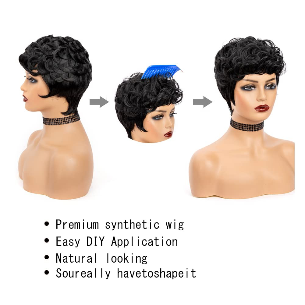 Natural Black Pixie Cut Wig for Black Women Synthetic Pixie Wigs Curly…