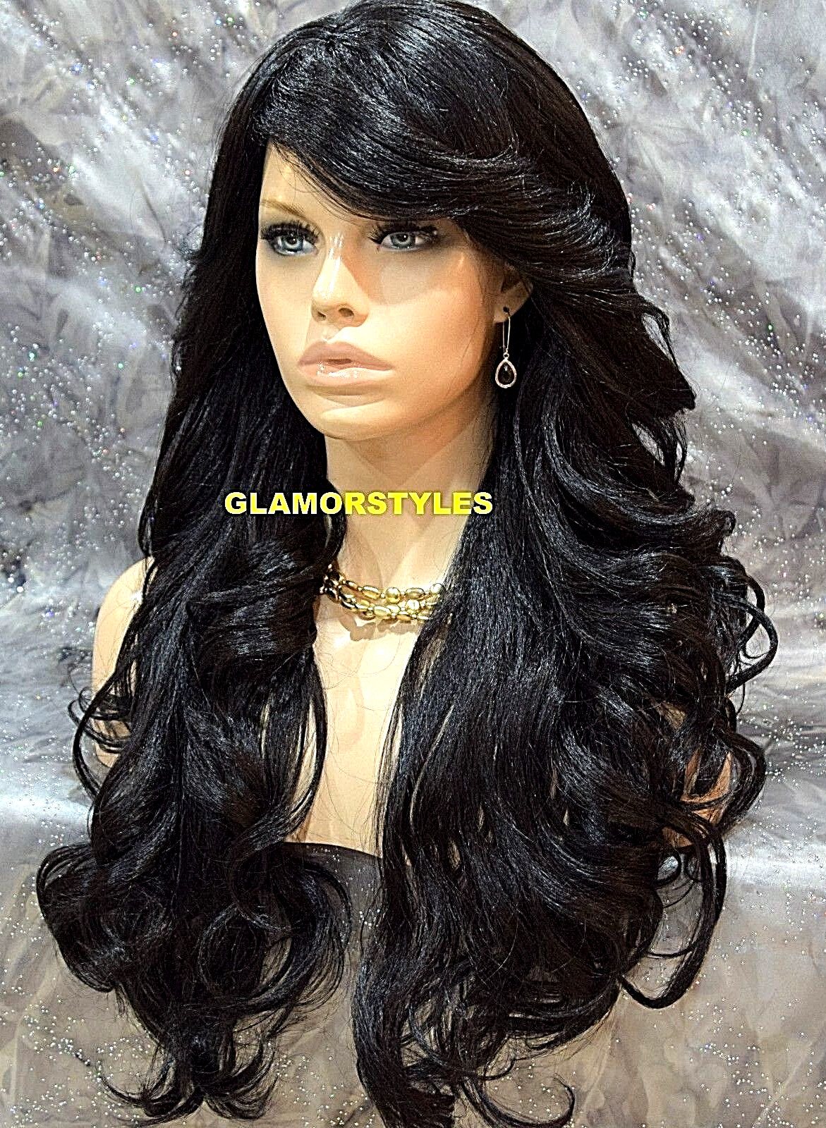 FULL WIG LONG WAVY LAYERED SIDE BANGS SKIN SIDE PART OFF BLACK #1B HEAT OK NWT