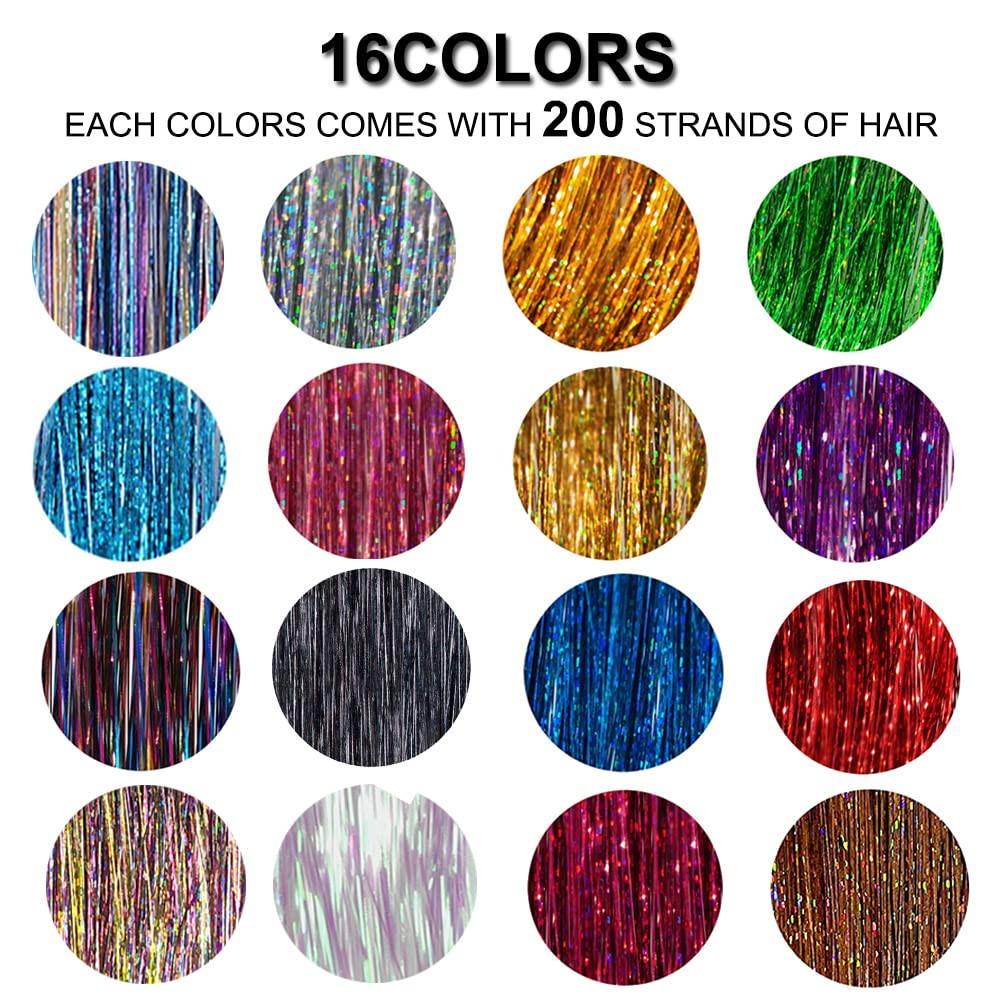 16 Colors Hair Tinsel Kit – 3200 Strands Glitter Extensions for All Ages