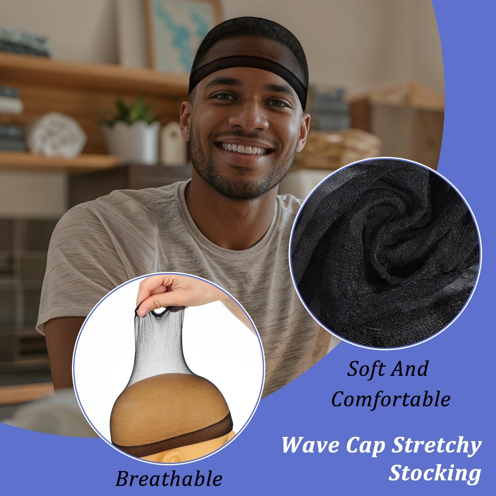 40 Pcs Stocking Wave Cap for Men Adult Stretchy Nylon 19.7 inch/50 cm, Black