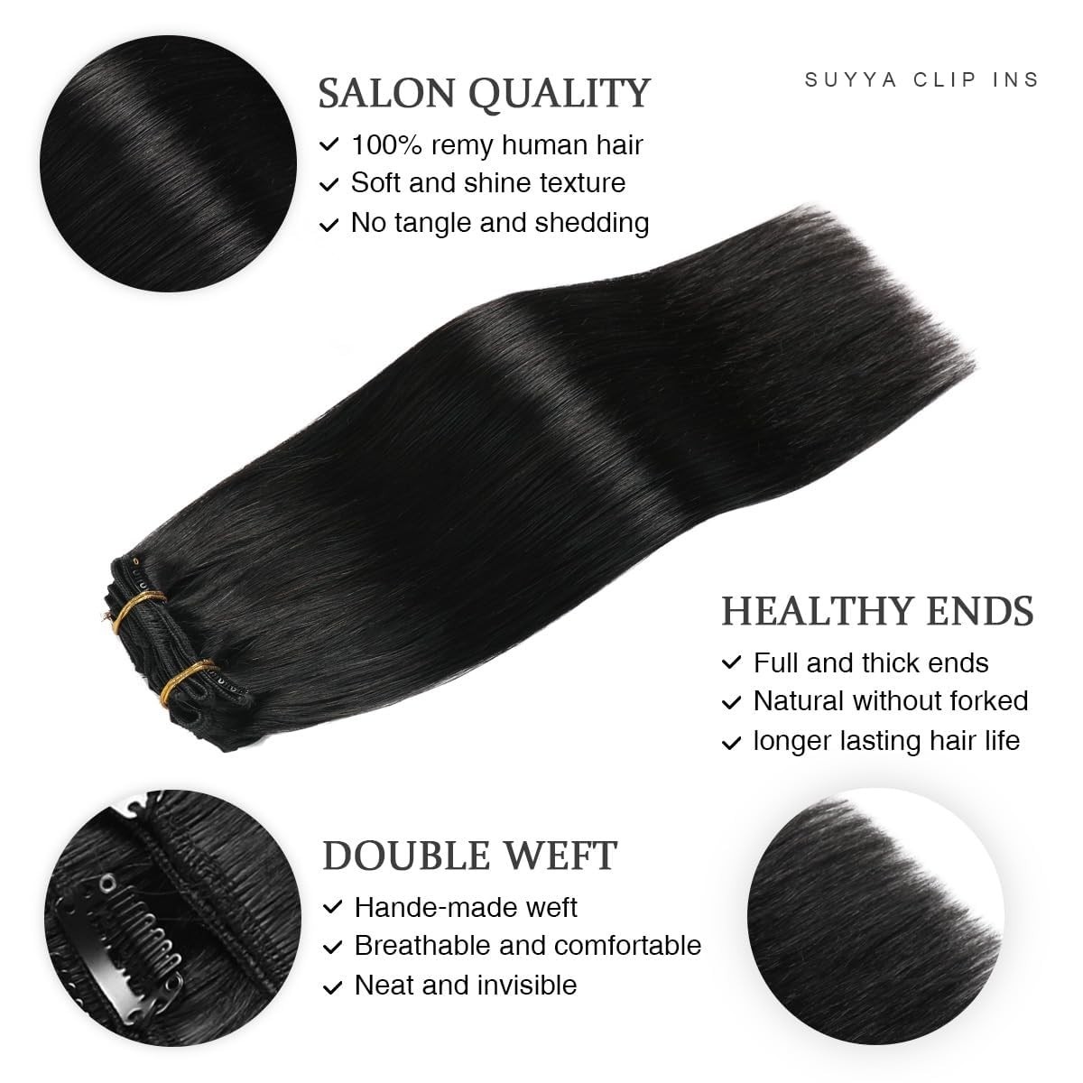 SUYYA Clip in Hair Extensions Real Human Hair 7 Pcs 20 Inch Jet Black 80 Grams