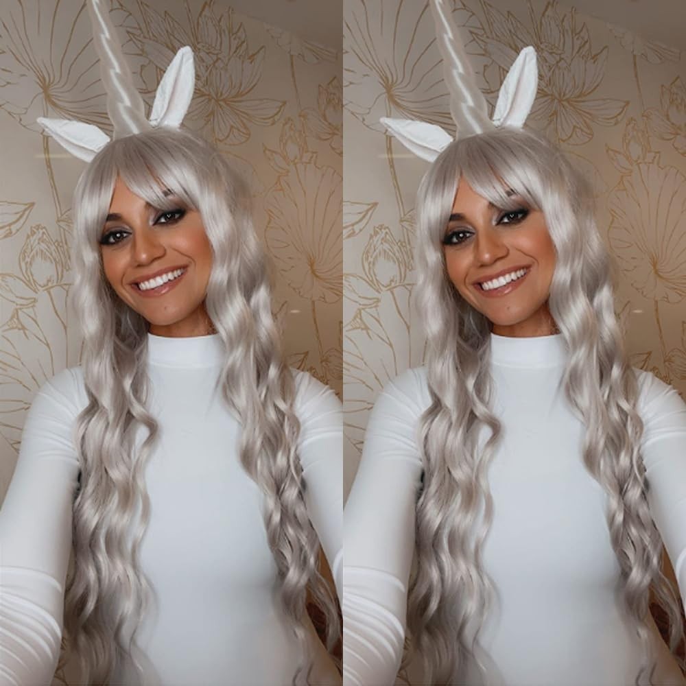 Platinum Blonde Wig with Bangs White Blonde Color Wig Wet and Wavy Long Loose…