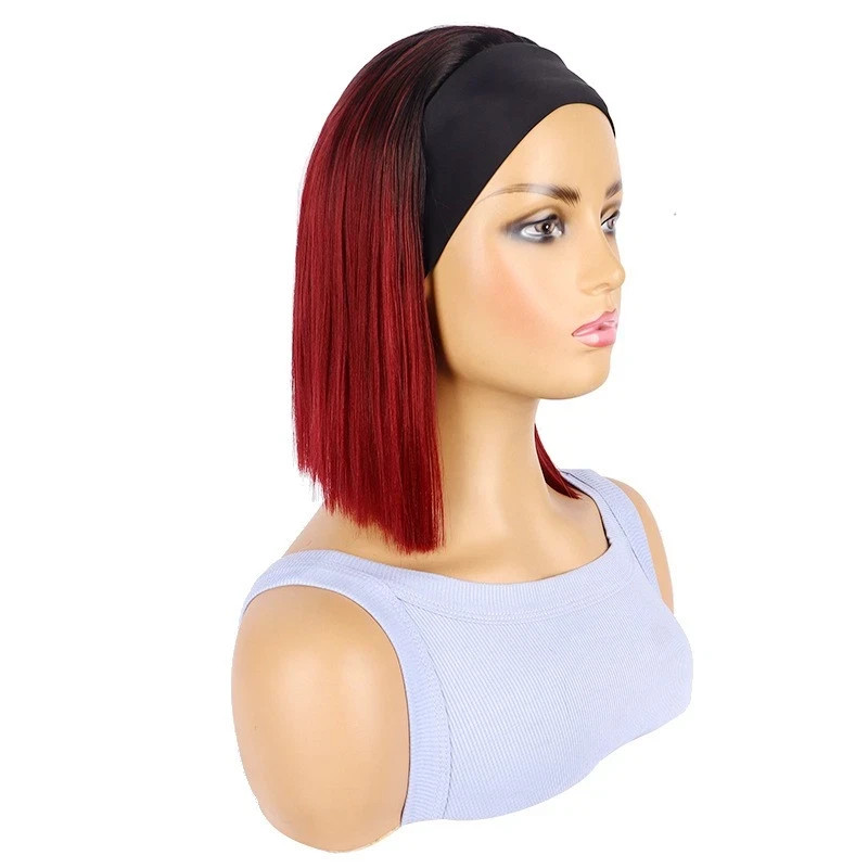 Short Straight Ombre Burgundy Headband Hair Bob Wig Women Synthetic Daily Party