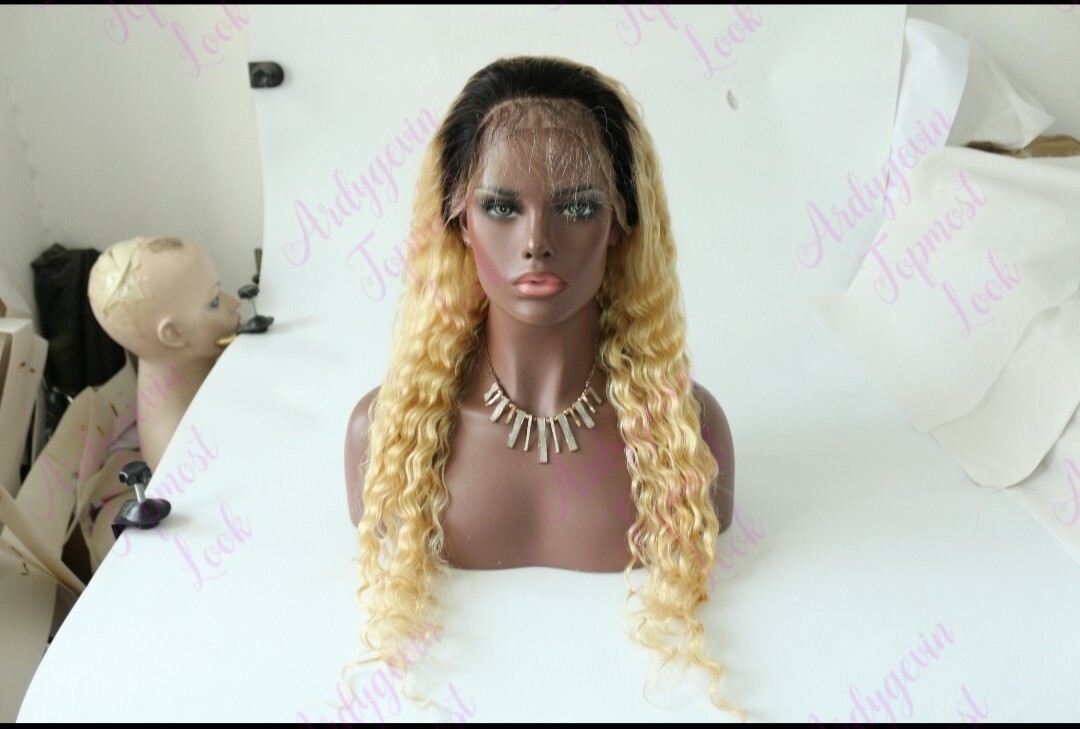 Deep wave lace front wig human hair pre plucked ombre 1b/613 28 inch.