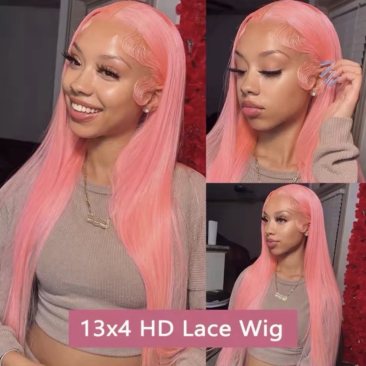 Finros HD Lace Front Human Hair Wig Straight Pink Free-Part Pre Plucked 31-40in