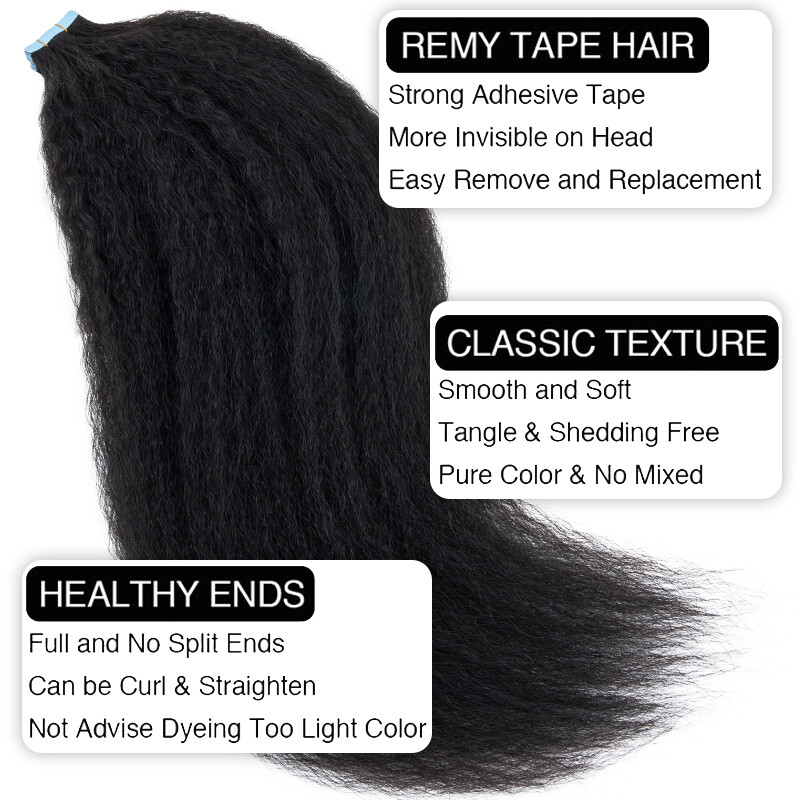 Yaki/Kinky Straight Invisible Tape In Real Remy Human Hair Extensions Skin Weft