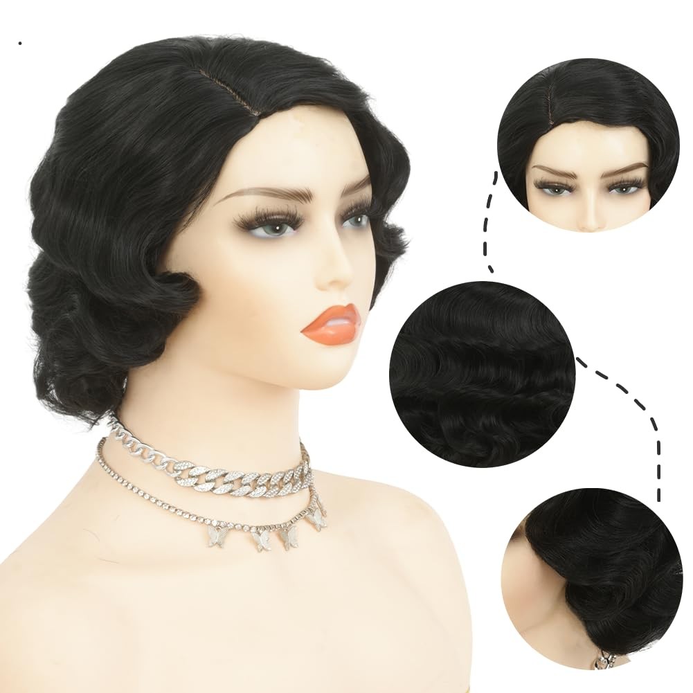 Salaibs Black Finger Wave Wig for Women 1920s Vintage Synthetic Cosplay