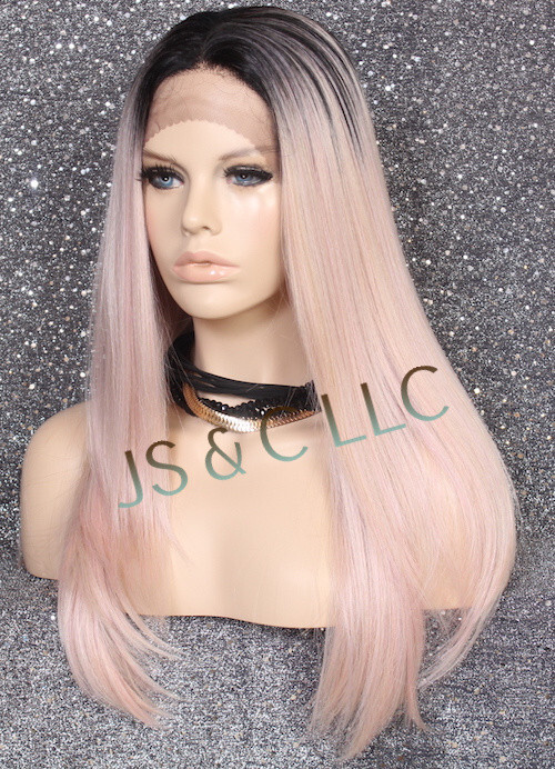 Human hair Blend Lace Front Wig Hand Tied Rose Gold Pink Long Straight Heat OK