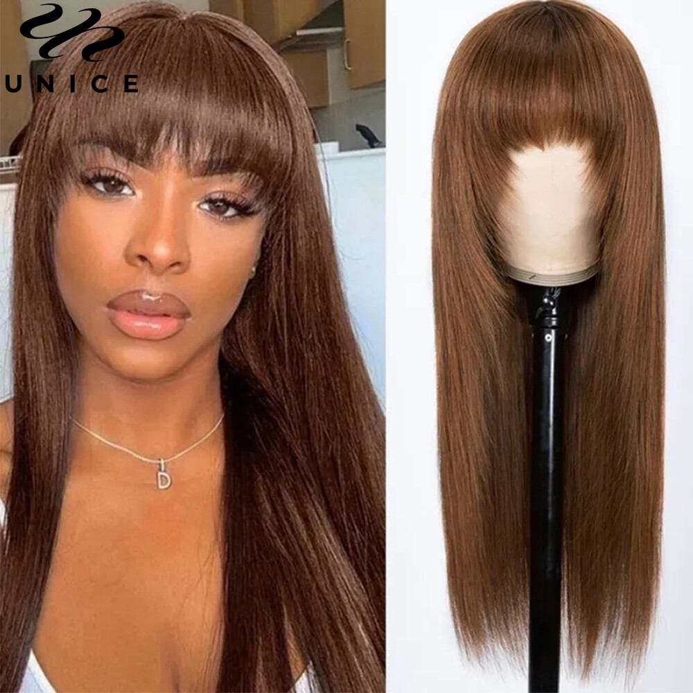 UNice Brazilian Brown Yaki Straight Human Hair Wig with Bang Lace Wigs Layer Cut